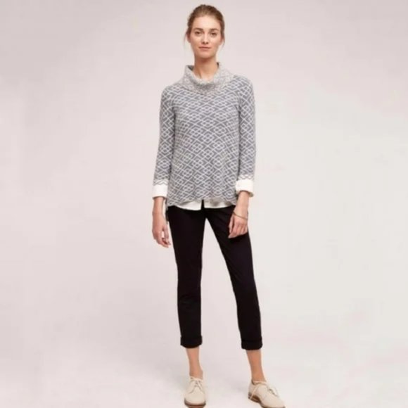 Anthropologie Moth Blue White Geometric Print Galena Cowl Neck Sweater - Picture 9 of 11